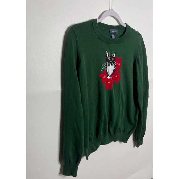 ModCloth Sweater Womens Large Green Purring in Poinsettia Graphic Pullover Cat - Picture 2 of 11